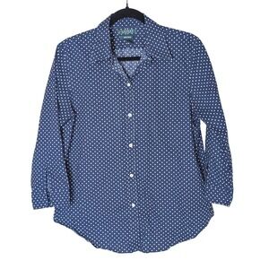 Lauren Ralph Lauren Navy Polka Dot Button-Down Shirt Sz L Quiet Luxury Preppy‎